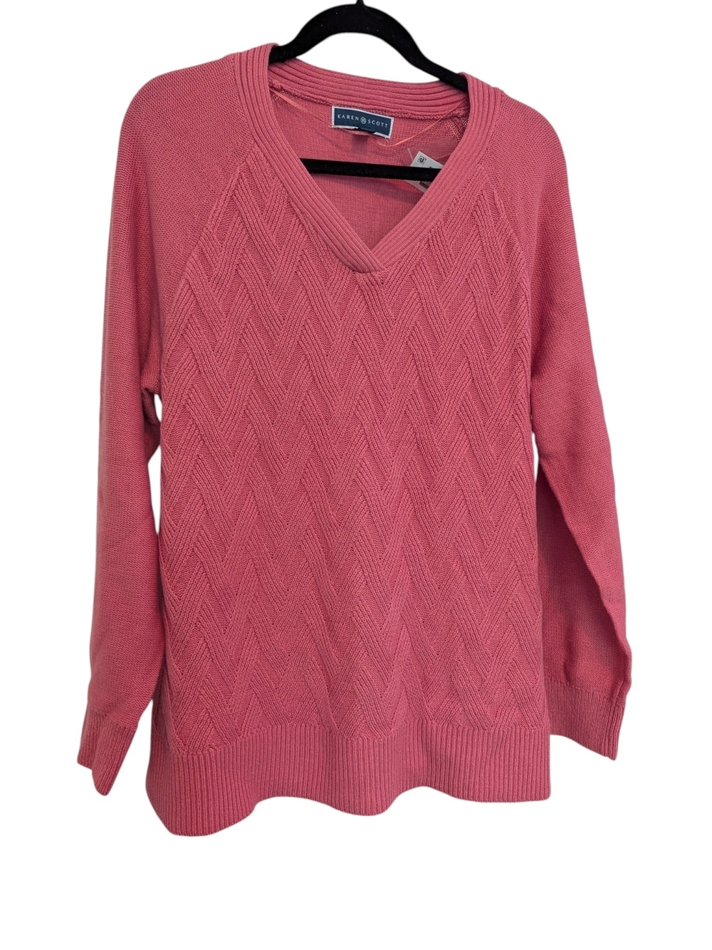 Karen Scott Coral Pink V-Neck Cable Knit Sweater - XL